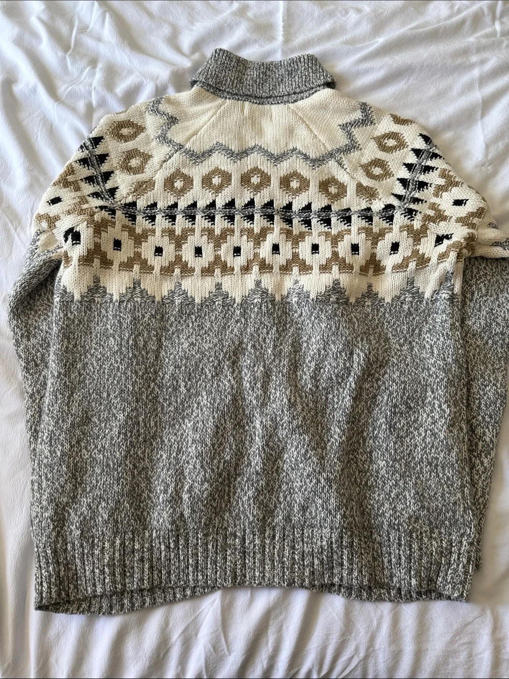 Old Navy Men’s Gray Zip-Up Fair Isle Cardigan with Cream and Tan Accents